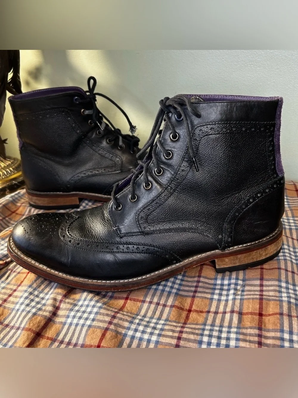 Ted Baker Sealls 3 Black & Purple Accent Leather Wing-tip Brogue Boots